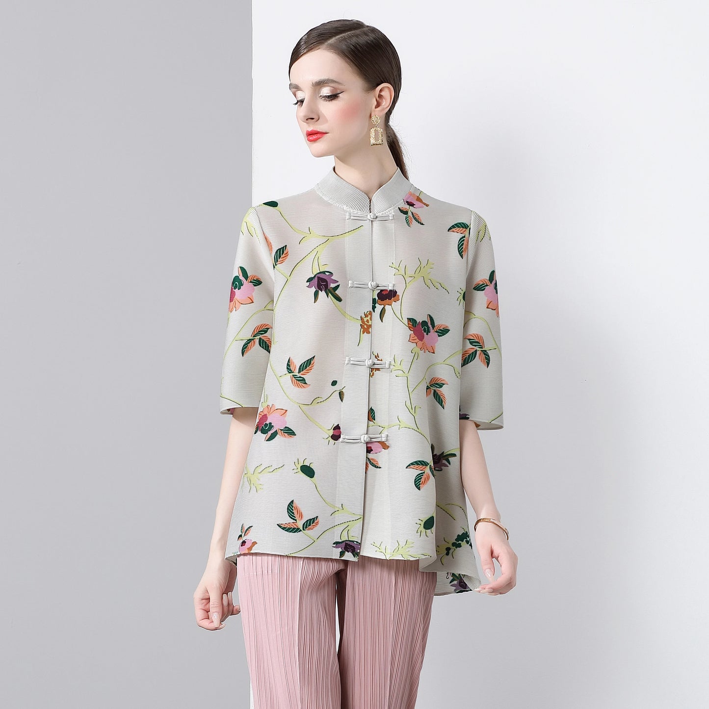 Pleated Tops for Women Summer Printed Shirts Loose Mom Wear Commuter Printed Short Sleeves Women Clothes