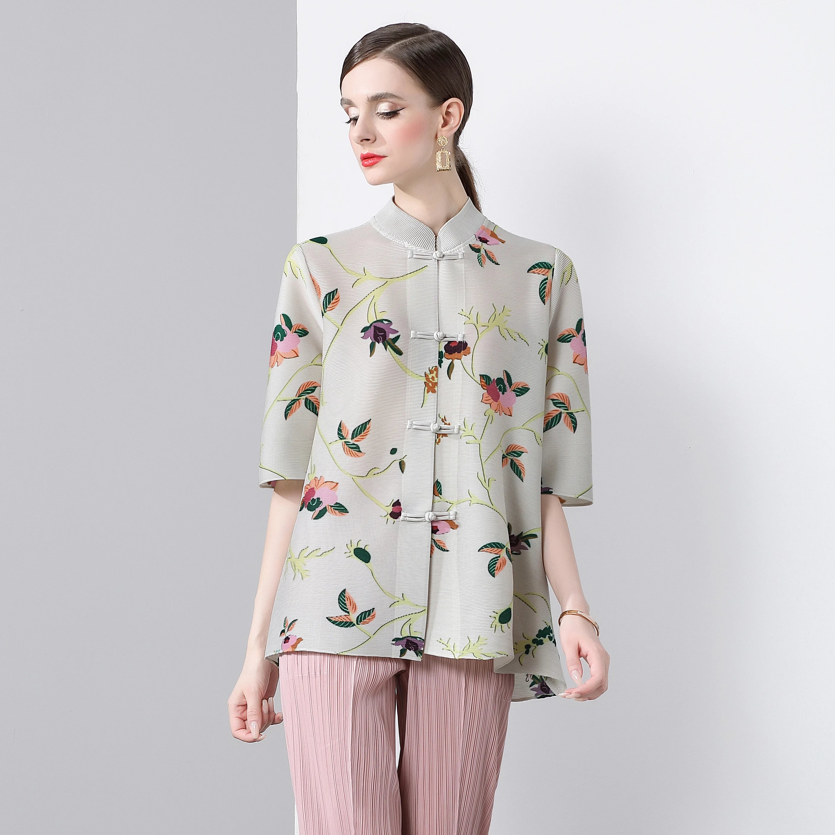 Pleated Tops for Women Summer Printed Shirts Loose Mom Wear Commuter Printed Short Sleeves Women Clothes