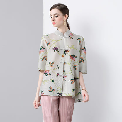 Pleated Tops for Women Summer Printed Shirts Loose Mom Wear Commuter Printed Short Sleeves Women Clothes