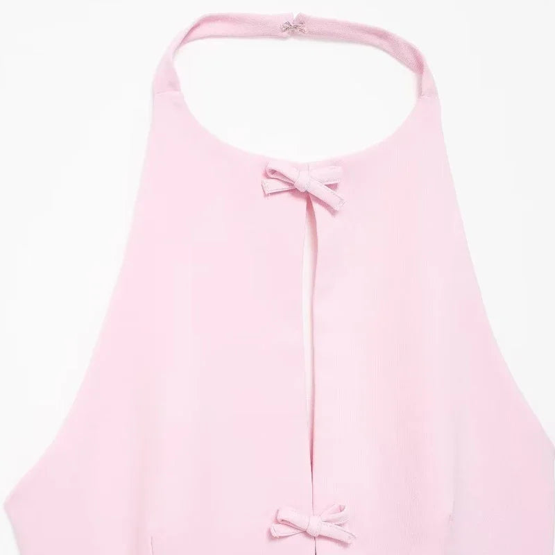 Women Fashion Bow Solid Halter Tops Women Hollow Out Sleeveless Backless Tank Top Summer  Elegant Vest Office Lady