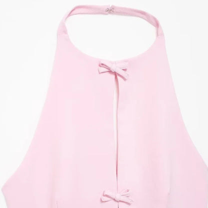 Women Fashion Bow Solid Halter Tops Women Hollow Out Sleeveless Backless Tank Top Summer  Elegant Vest Office Lady