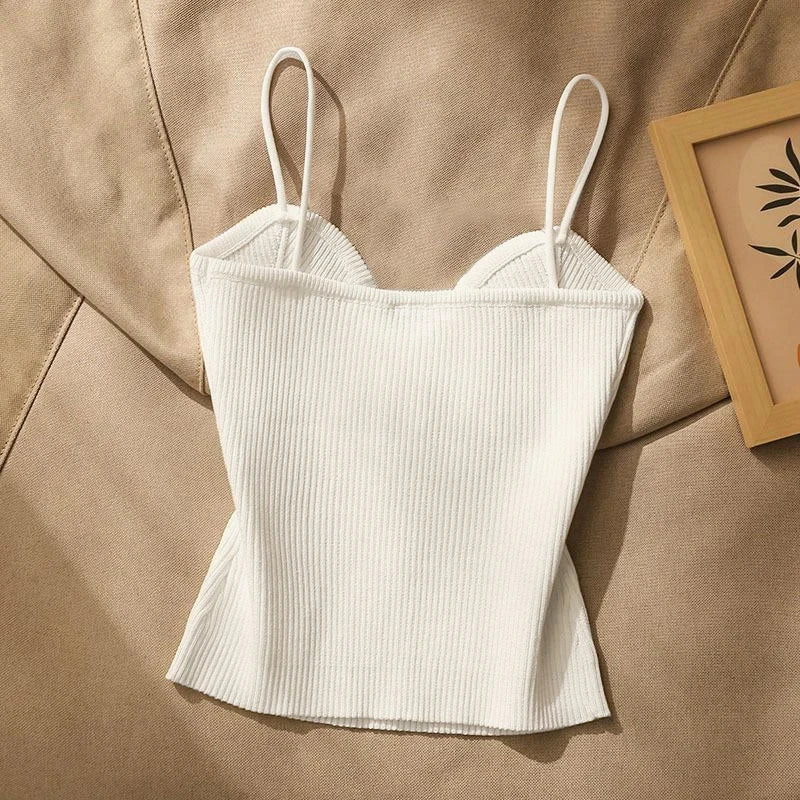 Women Knitted Tops Sexy Solid Crop Top Women Tank Tops Sleeveless Slim Camis With Bra Basic Underwear Padded Bra Tops