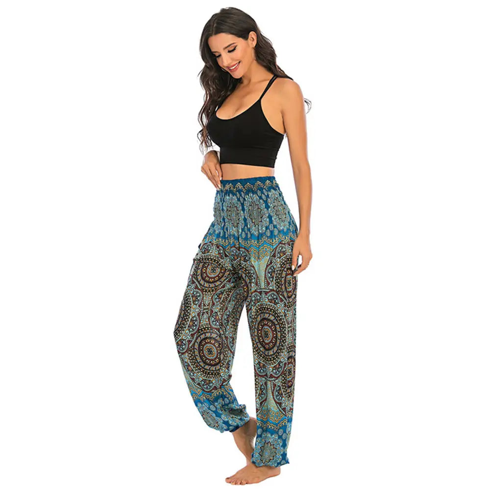 Women's Yoga Pants Printed Ethnic Style Loose Yoga Trousers Bloomers High Waist Fitness Sports Crotch Dance Palazzo Sweatpants