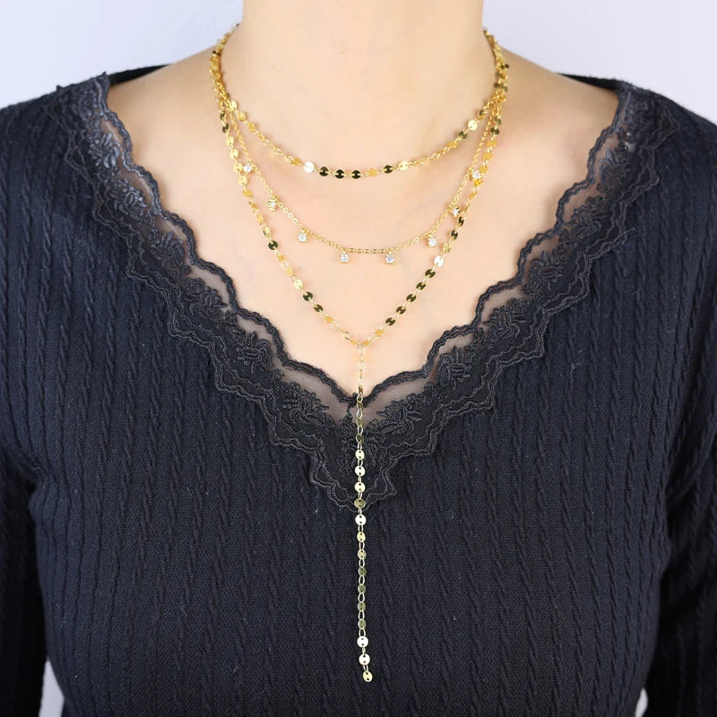 2025 New Long Necklace for Women Y Lariat Shaped Disc Choker Sexy Multilayer Sequins Chain Tassel Bling Cz Pendant Necklace