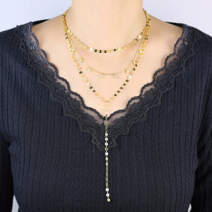 2025 New Long Necklace for Women Y Lariat Shaped Disc Choker Sexy Multilayer Sequins Chain Tassel Bling Cz Pendant Necklace