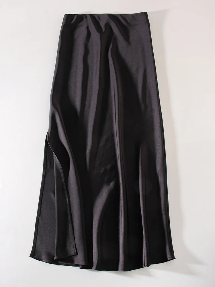 Long Satin Skirts For Women Summer High Quality Skirt With Slit On The Side Silk Elegant Black Maxi Luxury Women's Skirts 2025