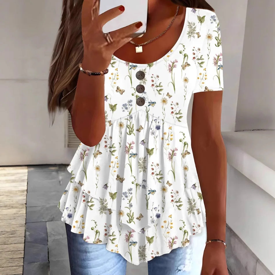 Women Summer Tops Tees Sexy Vintage Blouse Cotton Ruffles Short Sleeve Shirt Ruffles T Shirts Loose Casual Tees