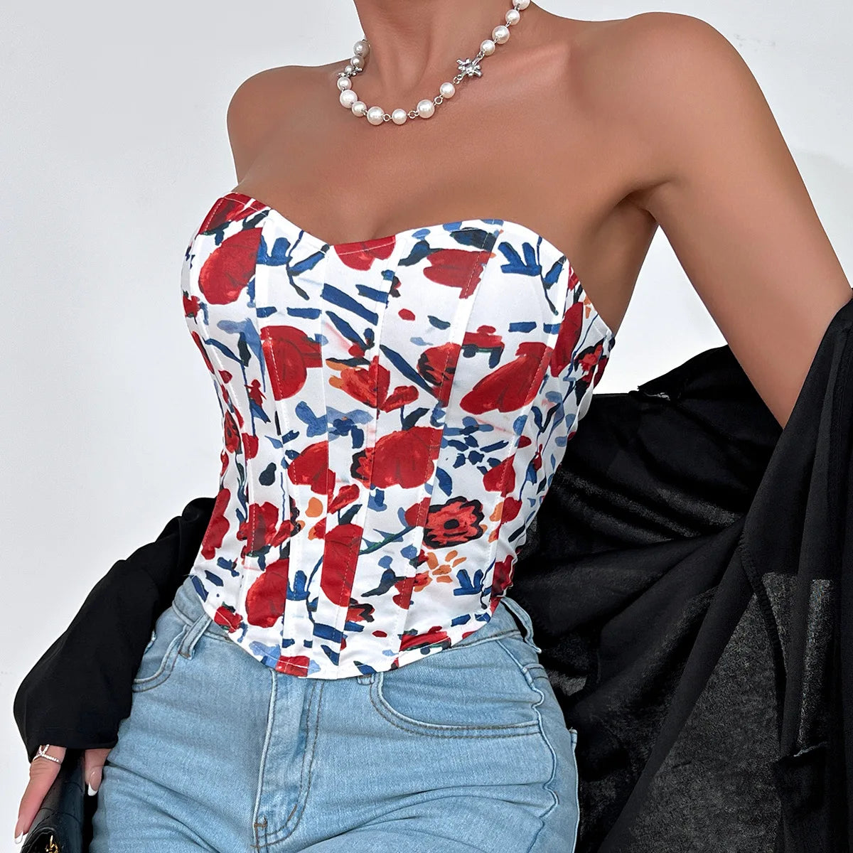 Women Floral Top Sexy Spicy Girl Tank Top Low cut Open Back Flower Wrapped Chest Diamond Fish Bone Strap Waist Vest Tank Top
