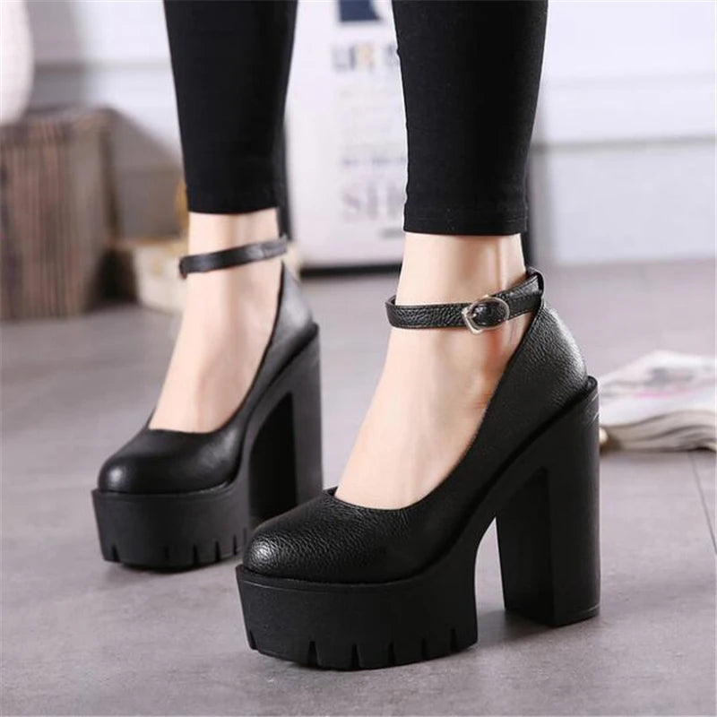 Woman Thick High Heels Shoes Ladies Sexy Platform Pumps Gothic Punk Style Ankle Strap Casual Shoes Dress Shoes for Women