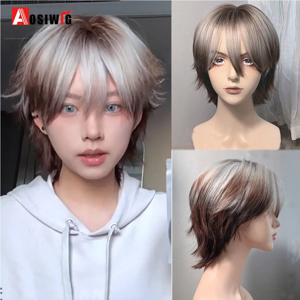 AOSIWIG  Short Curly Cosplay Men Boy Party Light Yellow Synthetic Heat Resistant Hair Wigs Men's Breathable Wig