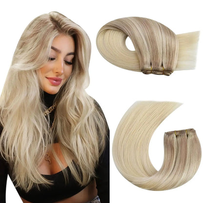 Moresoo Human Hair Bundles Weave in Double Wefted Machine Remy Hair Balayage Hair Pieces for Women Straight Weft Hair Extension