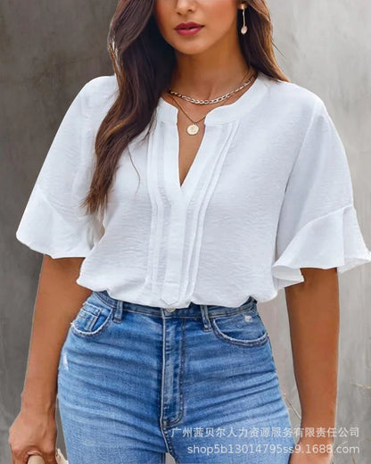 Tops Women Blouse Top Flare Sleeve V Neck Summer Casual Loose Bell Sleeve Work Simple Tees Y2k Streetwear Elegant Splice 2025