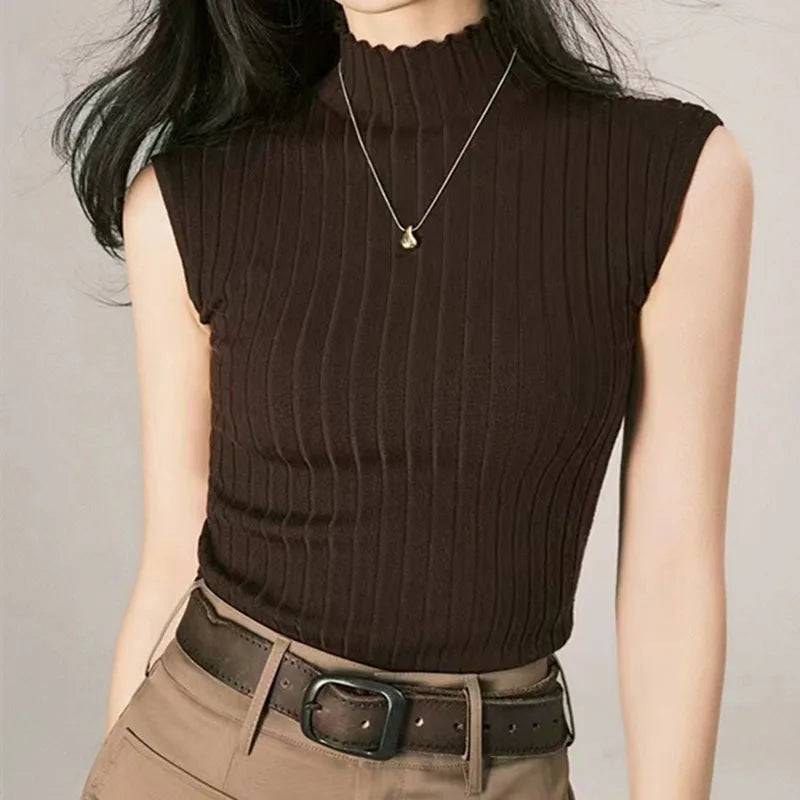 Black Tank Tops Women Sleeveless Knitted T-Shirts Crop Tops Female Elastic Slim Vests Casual 2025 Summer Spring Pullover Camis