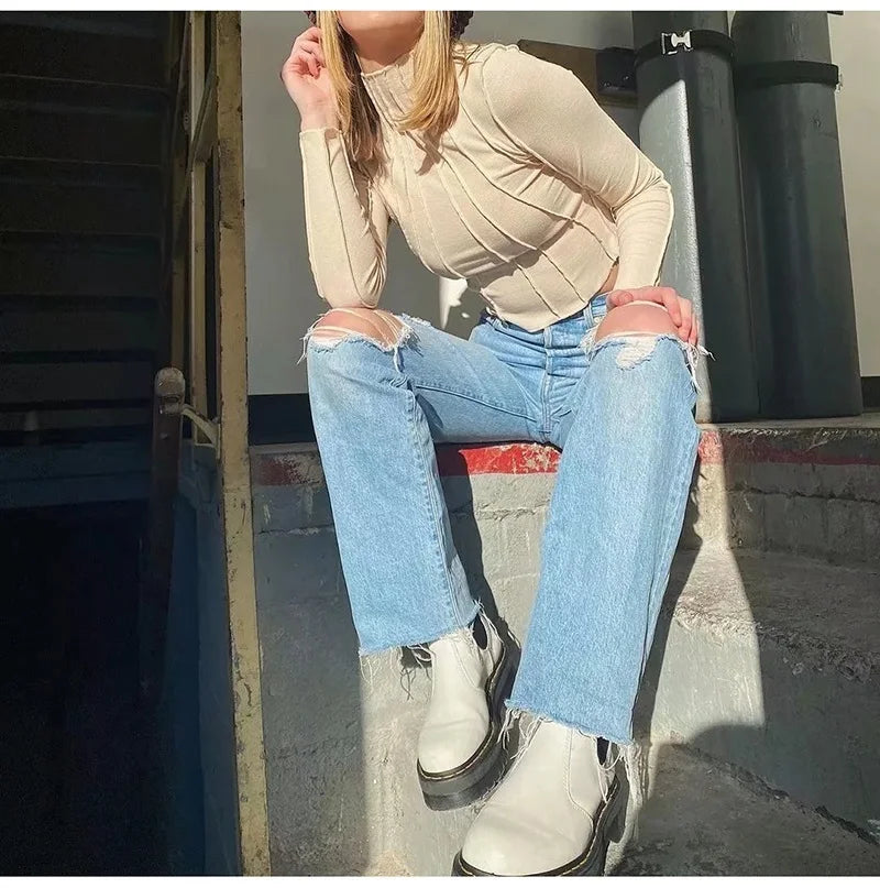 MiuKoMiYa Ripped Jeans For Women 2023 Streetwear Straight Denim Pants High Waist Long Denim Trousers Women Hollow Out Jeans