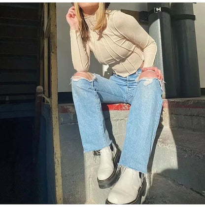 MiuKoMiYa Ripped Jeans For Women 2023 Streetwear Straight Denim Pants High Waist Long Denim Trousers Women Hollow Out Jeans