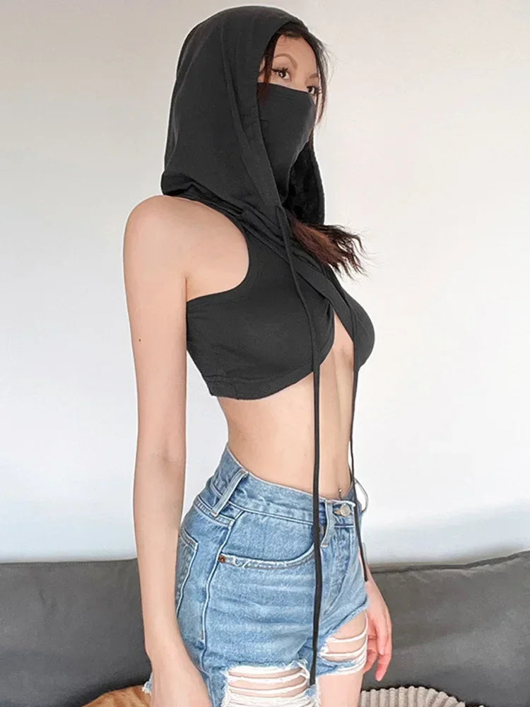 Streetwear Tank Top For Women Clothing Sexy Short Crossover Design Y2k Accessories Mouthpieces Sleeveless Hooded Ropa De Mujer