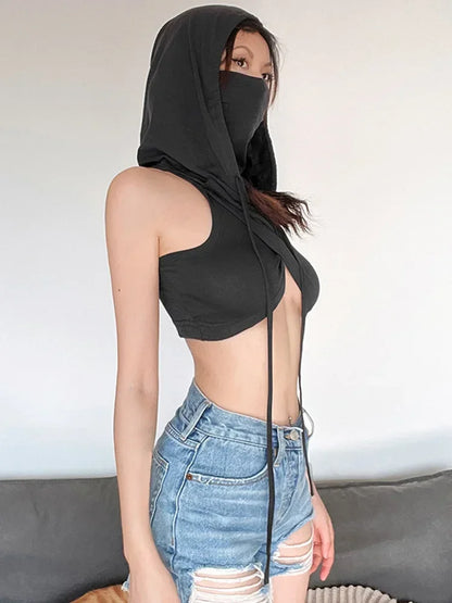 Streetwear Tank Top For Women Clothing Sexy Short Crossover Design Y2k Accessories Mouthpieces Sleeveless Hooded Ropa De Mujer