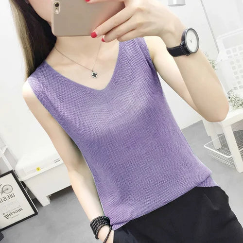 Top women Summer V Neck Hollow Knitted Vest Sleeveless Casual Tank Blusas Tops Sheer Mesh Patchwork T Shirt Bottom Camisole 2019