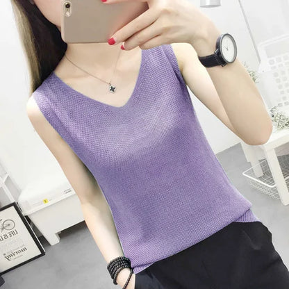 Top women Summer V Neck Hollow Knitted Vest Sleeveless Casual Tank Blusas Tops Sheer Mesh Patchwork T Shirt Bottom Camisole 2019