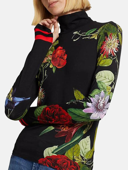 Women's Fashion Printed Pullovers Tops 2025 New Spring Autumn High Neck Long Sleeves Loose Fit Casual Trendy T-Shirts