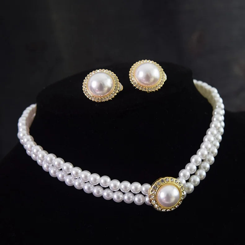 Women Elegant Pearl Double Layers Necklace Earrings Exquisite Vintage Classic Chains For Lady Party Wedding Retro Jewelry Choker
