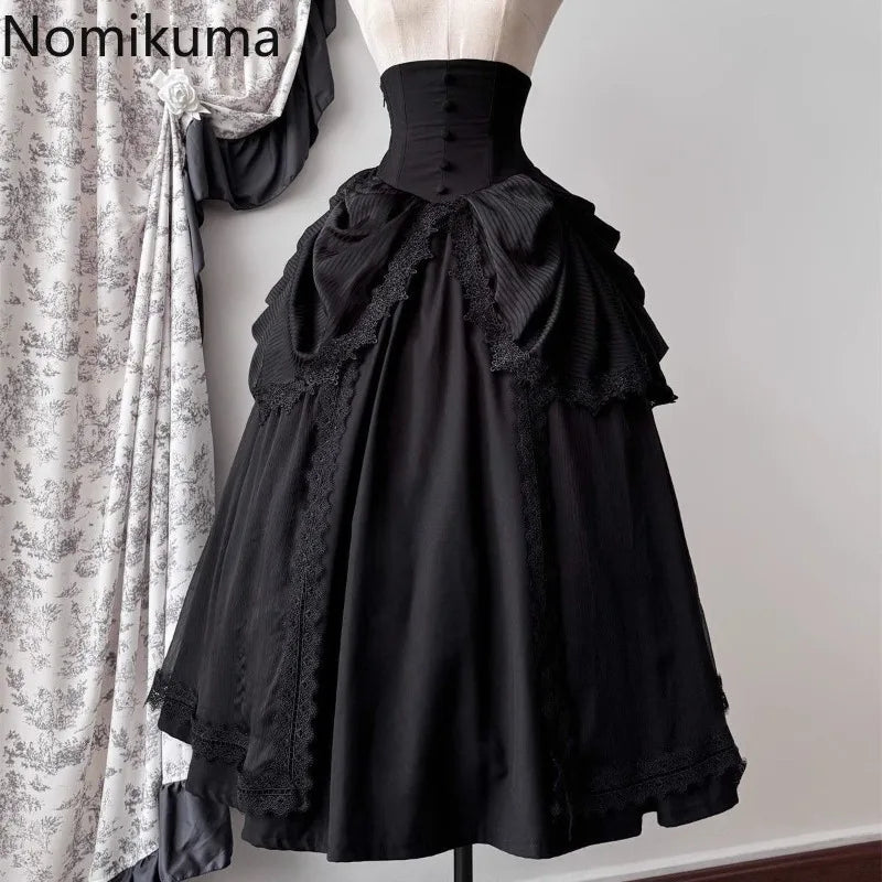 Japanese Skirts for Women 2025 Faldas Mujer De Moda High Waist A-line Jupe Lolita Style Patchwork Lace Vintage Long Skirt 49C903