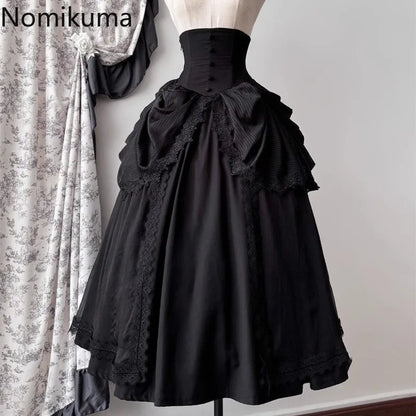Japanese Skirts for Women 2025 Faldas Mujer De Moda High Waist A-line Jupe Lolita Style Patchwork Lace Vintage Long Skirt 49C903