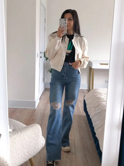 MiuKoMiYa Ripped Jeans For Women 2023 Streetwear Straight Denim Pants High Waist Long Denim Trousers Women Hollow Out Jeans