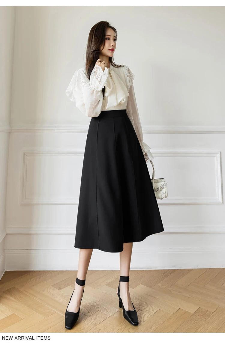 Women's Skirt 2025 Spring Women High Waist Solid Vintage Girl's Waist Down Skirt Knee-length A-line Fashion Thin Skirt for Women