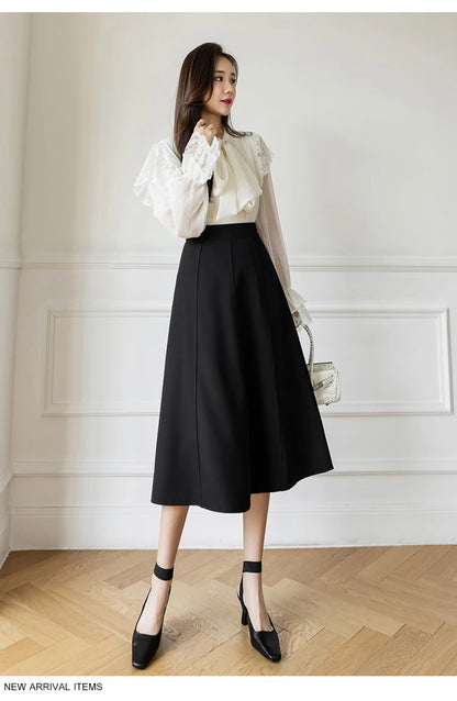 Women's Skirt 2025 Spring Women High Waist Solid Vintage Girl's Waist Down Skirt Knee-length A-line Fashion Thin Skirt for Women