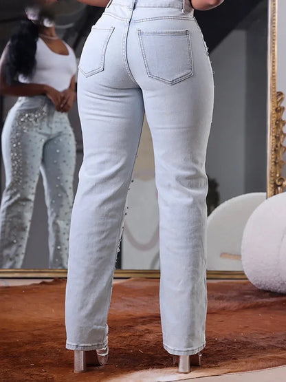 Women's Beading Jeans High Waist Slim Spring Casual Denim Pant Vintage Fashion 2024 Streetwear Straight Jeans Trousers 2024