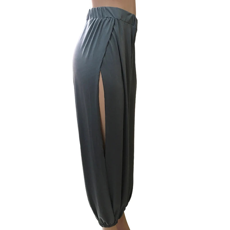 Women Sports Yoga Pants Summer High Slit Haren Pants Solid Loose Hippie Harem Wide Leg Pants Trousers