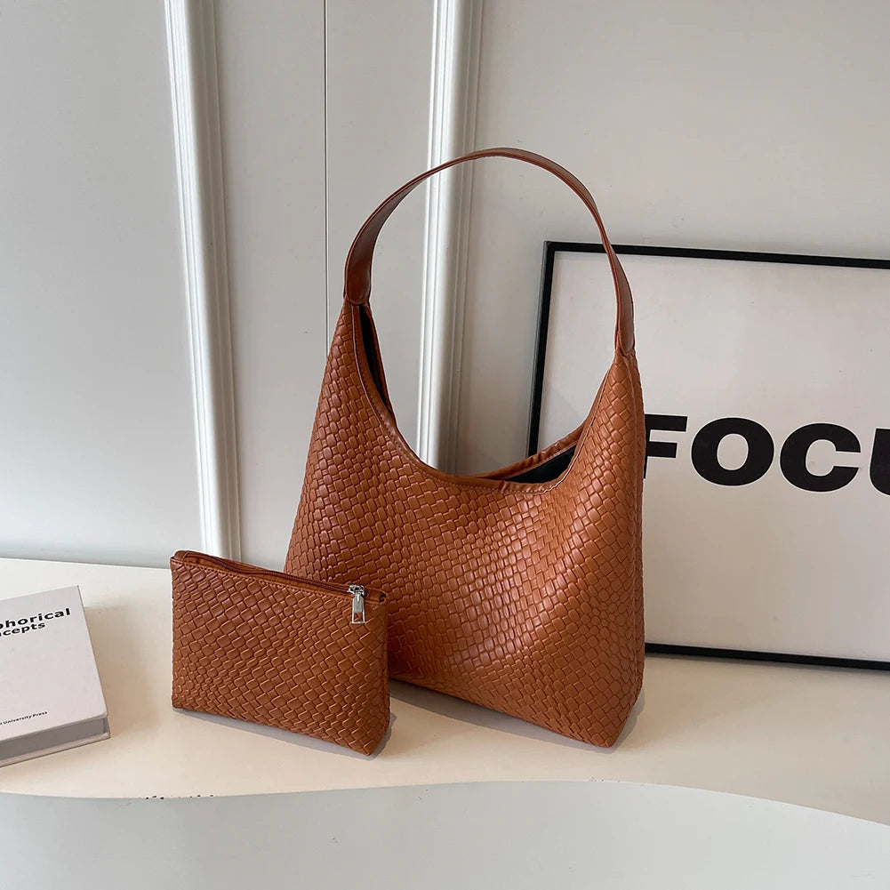 Women Large Shoulder Bag with Pouch Top Handle Bag Trendy PU Woven Tote Bag Leather Armpit Handbag Commuting Bag