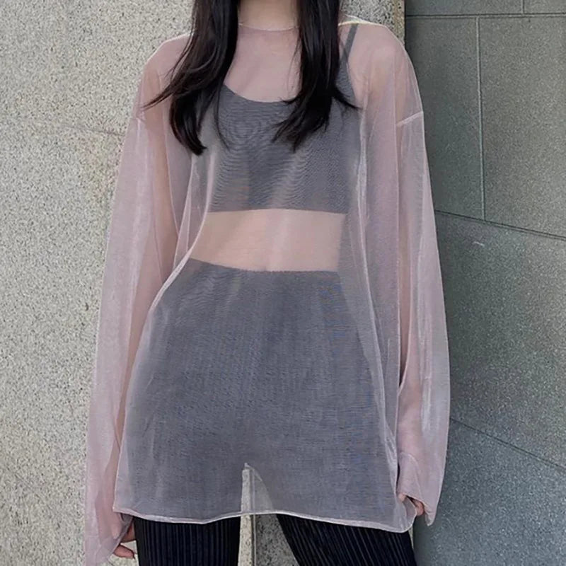 See Through T Shirts For Women Y2k Clothes Sexy Crop Tops Long Sleeve Oversized Tshirt O-Neck Club Outfit Reflective Egirl Tees
