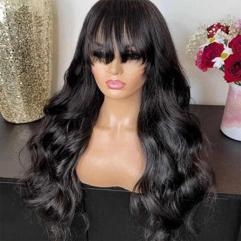 Body Wave Wig With Bangs Human Hair Ready to Go Glueless Wigs None Lace Front Wigs 180% Brazilian Virgin Hair Machine Made Wig