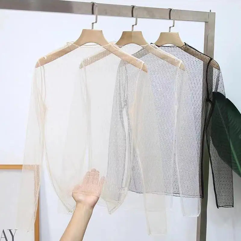 Sexy See Through Tops Women Transparent Slim Bottomg Lace Long Sleeved Tops Beige Black White Pink Lace Mesh Tees T-Shirt Tulles