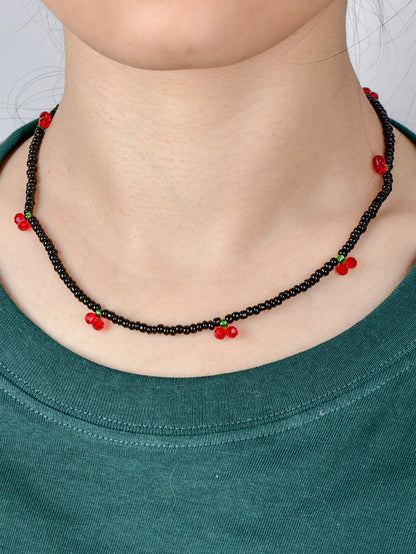 Long Way New Summer Lovely Rice Beaded Beaded Necklace Fresh With Strawberry Cherry Necklace Women
