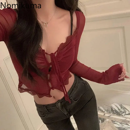 Sexy Tops Blouses for Women V-neck Long Sleeve Tunic Shirts Guaze See Throught Lace Bandage Summer Blouse 2025 Blusas De Mujer