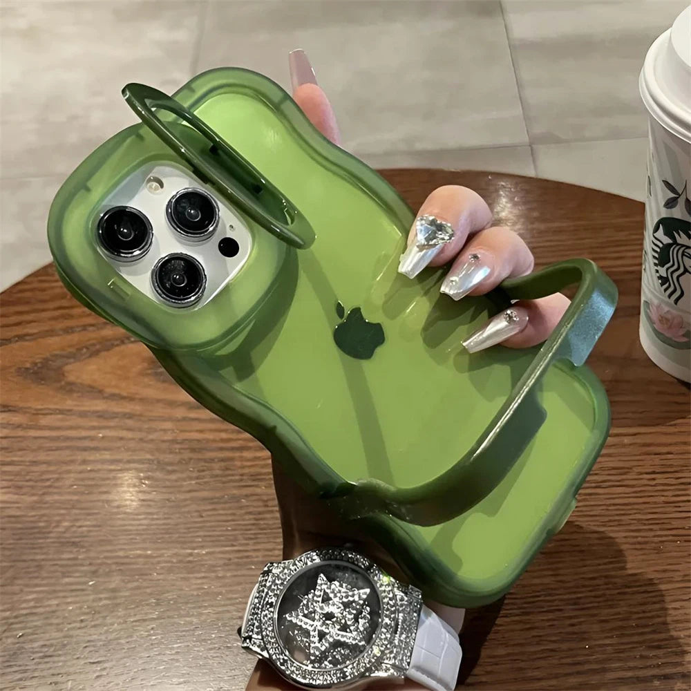 2IN1 Folding Stand Wave Clear Phone Case For iPhone 16 15 11 12 13 14 Pro Max X XR Fashion 3D Curly Shockproof Protective Cover