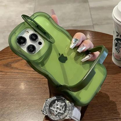 2IN1 Folding Stand Wave Clear Phone Case For iPhone 16 15 11 12 13 14 Pro Max X XR Fashion 3D Curly Shockproof Protective Cover