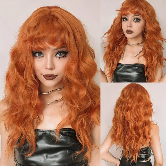 Ginger Curly Synthetic Wigs for Women Long Orange Wigs with Bangs Heat Resistant Hair Colored Party Cosplay Hair Wig