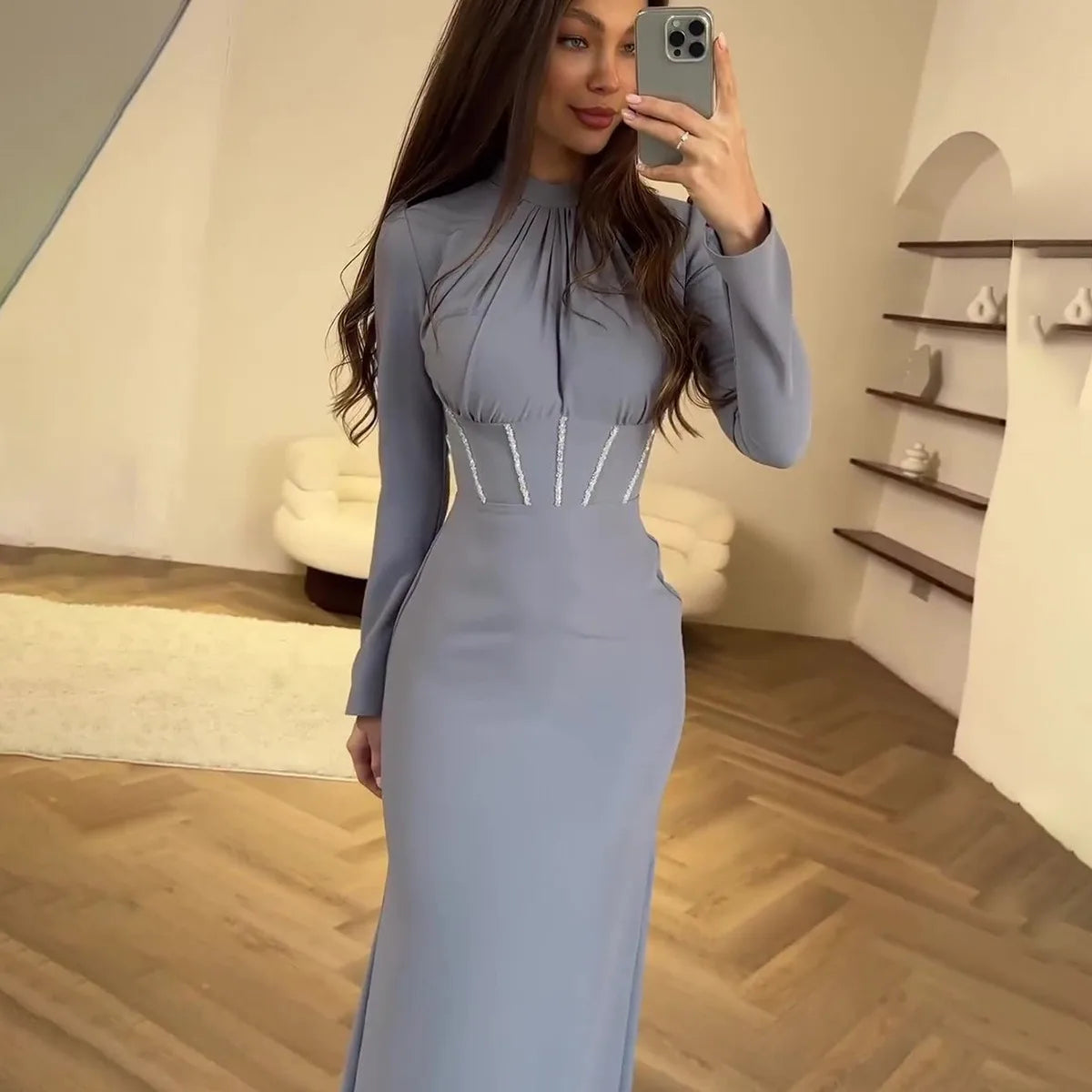 Women Muslim Dresses Slim Party Evening Dress Long Sleeve Pleated Lace-up Irregular Robe Maxi Dress Dubai Abaya Elegant Vestidos