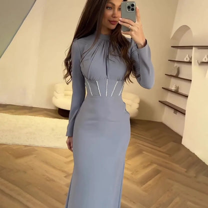 Women Muslim Dresses Slim Party Evening Dress Long Sleeve Pleated Lace-up Irregular Robe Maxi Dress Dubai Abaya Elegant Vestidos