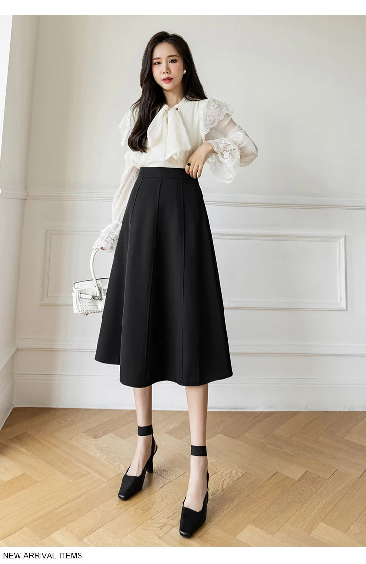 Women's Skirt 2025 Spring Women High Waist Solid Vintage Girl's Waist Down Skirt Knee-length A-line Fashion Thin Skirt for Women