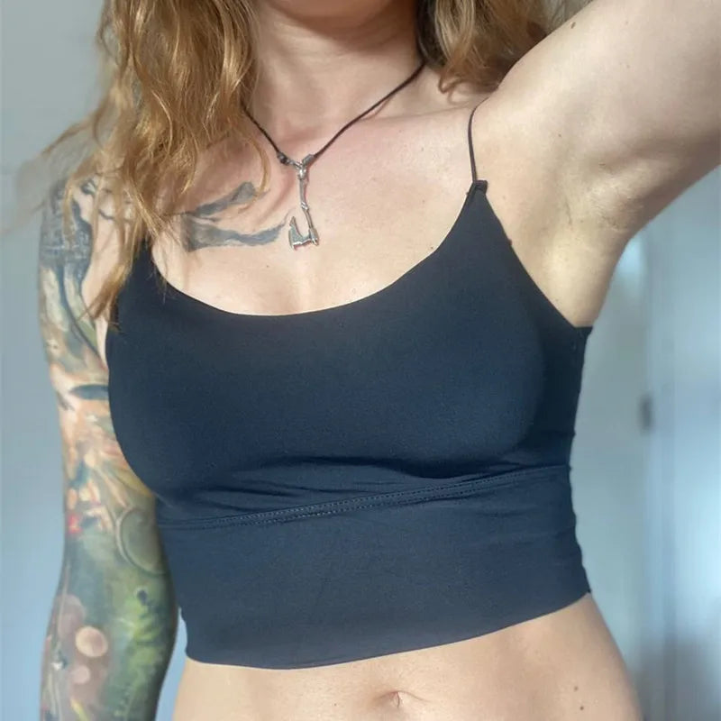 Sexy Women Crop Tops Ice Silk Summer Bra Sports Spaghetti Strap Vest Top Women Built In Bra Off Shoulder Sleeveless Camisole