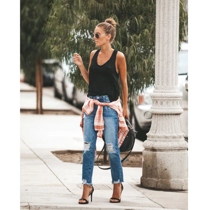 2023 New Women's Mid Waist Ripped Jeans Fashion Casual Ankle-Length Denim Straight Leg Pants Gray/Blue S-2XL Drop Shipping