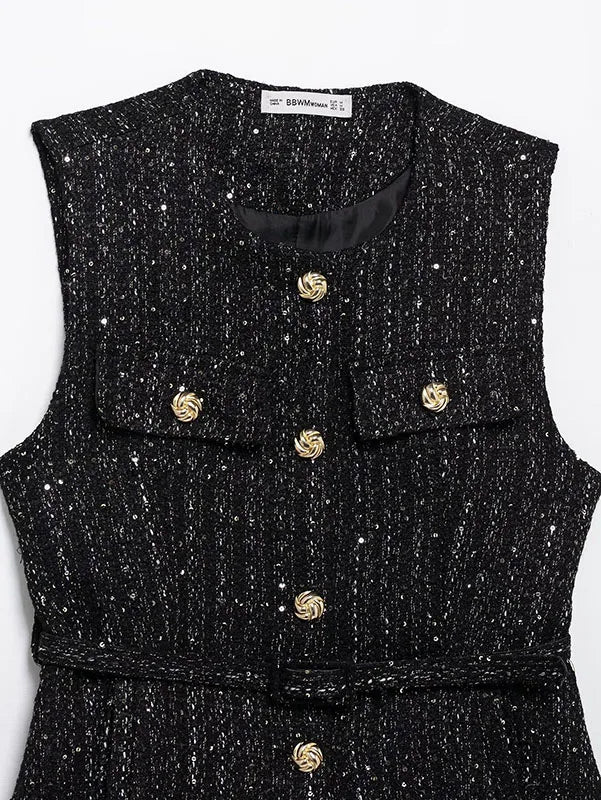 Women's Tweed Waistcoat With Belt, O Neck, Sleeveless, Front Button, Female Outerwear, Chic Tops, Fashion