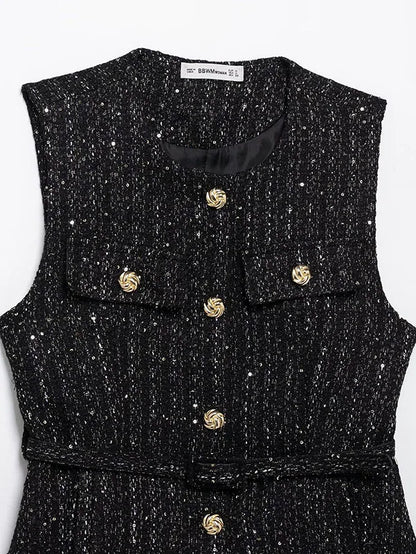 Women's Tweed Waistcoat With Belt, O Neck, Sleeveless, Front Button, Female Outerwear, Chic Tops, Fashion