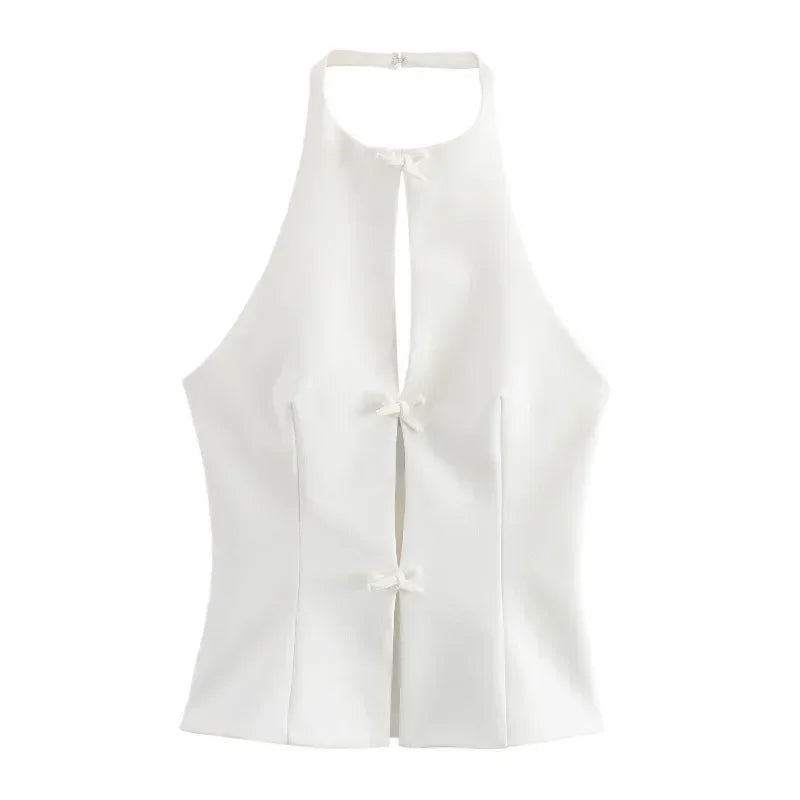 Bow Backless Vest Women Summer Sleeveless Halter Hollow Top Elegant Slim Skirt New Y2k Female Tanks Short Top Office