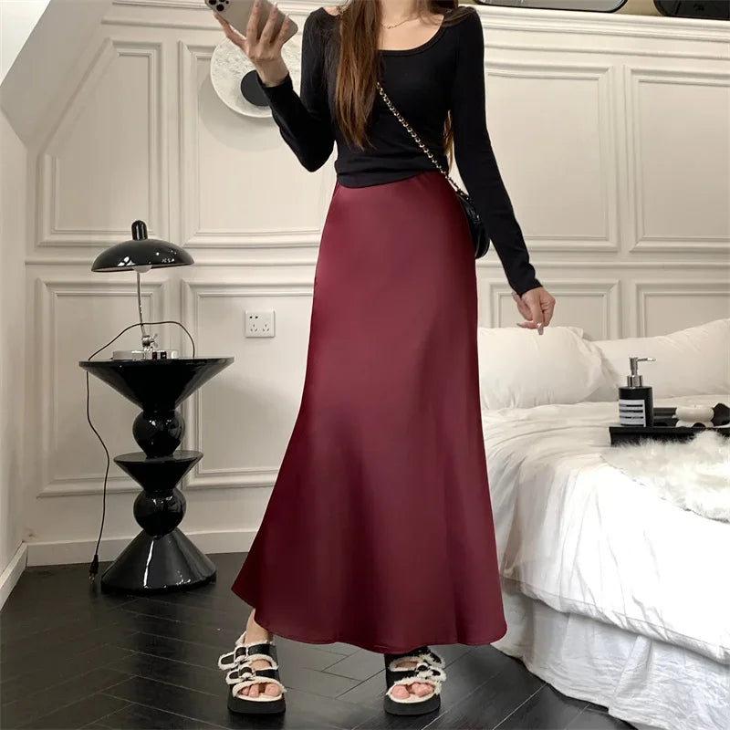 Satin Skirts for Women Korean Reviews Many Girls Clothes Women's 2025 Summer NEW High Waisted Mid Long Skirts Fashion women skir